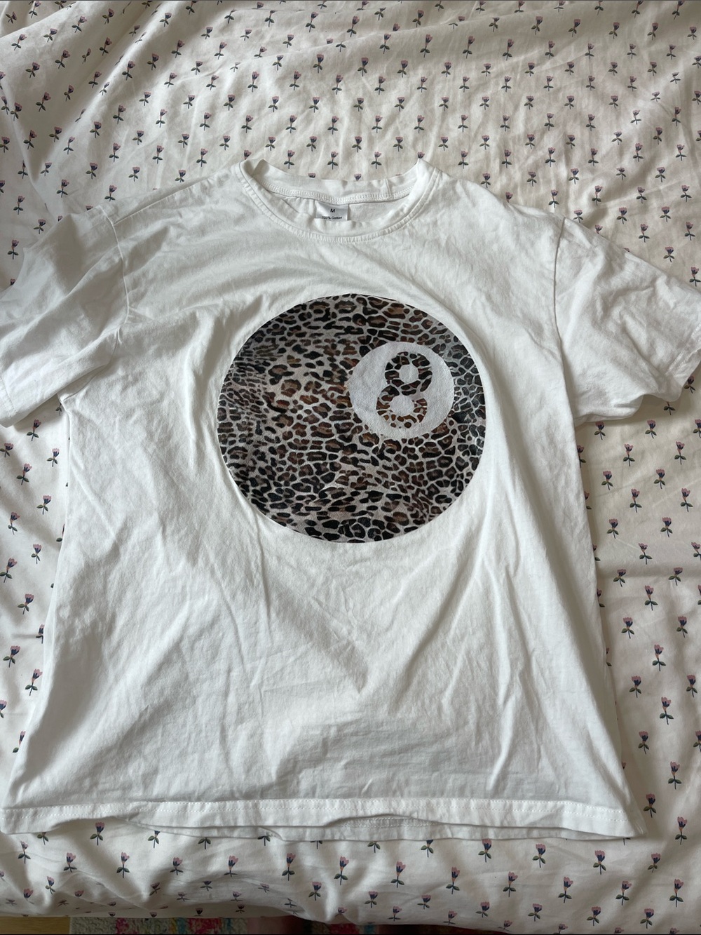 White Graphic T-Shirt with Leopard Pool Ball Print